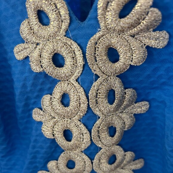 Lilly Pulitizer Blue Dress with Gold Embroidery Size 6 - Picture 3 of 7
